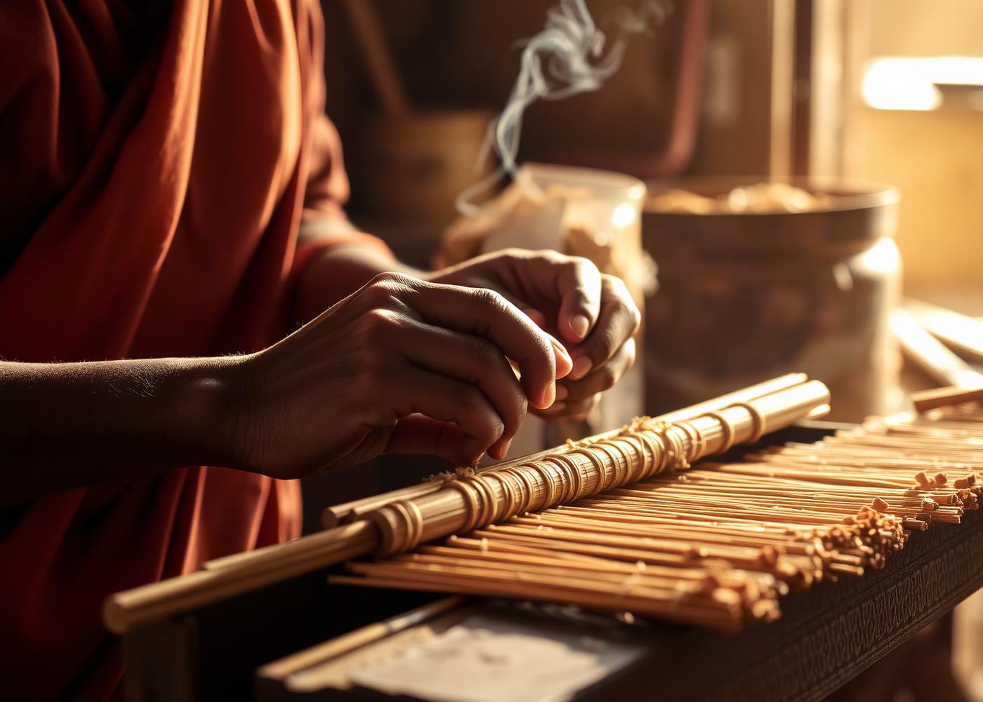 Artisan hand-rolling incense sticks in a Shiv Shakti workshop